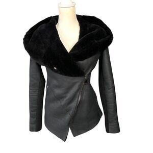 La Reine Blanche Hooded Lambskin Sherpa Lined Women's Jacket Size 36 EU 6 US